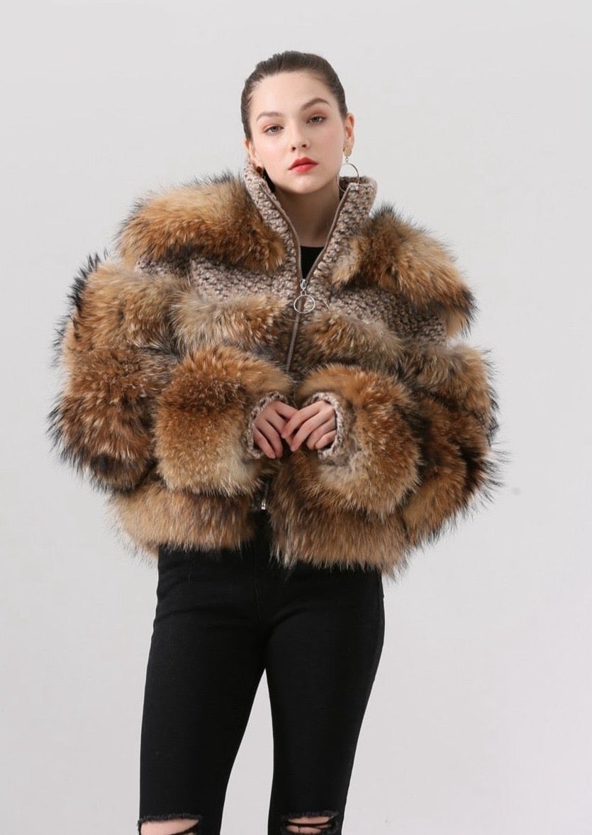 Strickjacke mit Pelzbesatz "Racoon" Naturbraun XS Damen Pelzjacken - VanDyck Pelzwaren